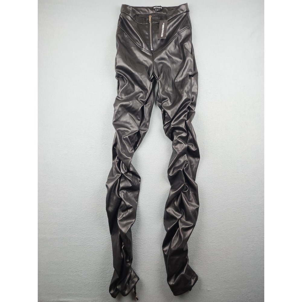 PrettyLittleThing Pants Womens 2 Black Faux Leather Ruched Skinny Jegging NWT